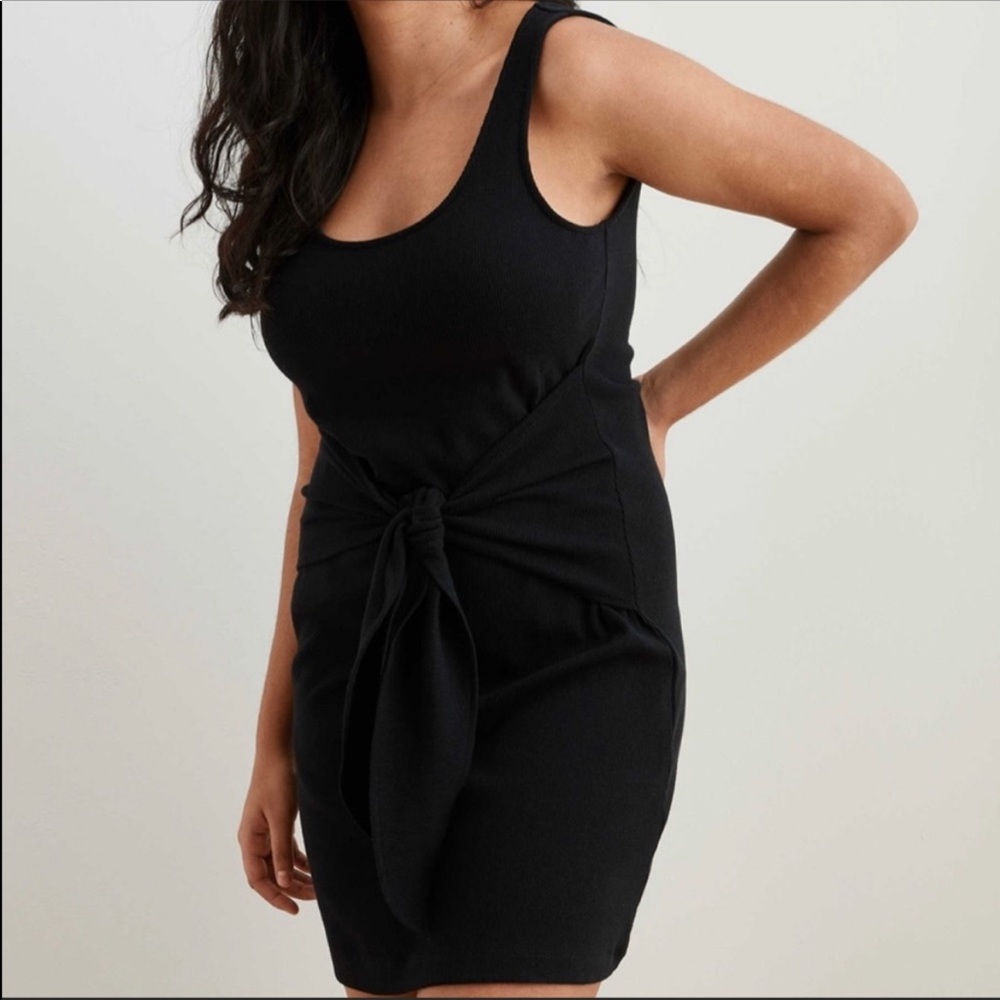 Aerie Black Ribbed Tank Dress with Tie Front Detailing, size XS